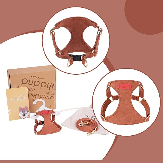 Puppytie XXS Puppy Harness with Multifunction Dog Leash,Soft Adjustable No Choke Escape Proof Pet Harness Vest,Brown Caramel,XXS