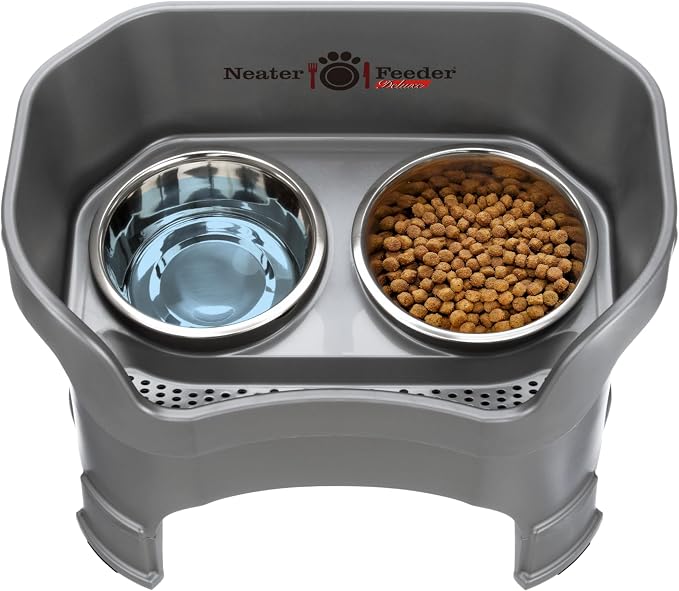 Neater Feeder Deluxe Mess-Proof Elevated Dog Bowls for Large Dogs (40+ lbs), 2 Height Adjustable (14.5” & 17.5”) No-Spill Raised Dog Bowl Stand, Stainless Steel Food Bowl Set, Made in USA, Gunmetal