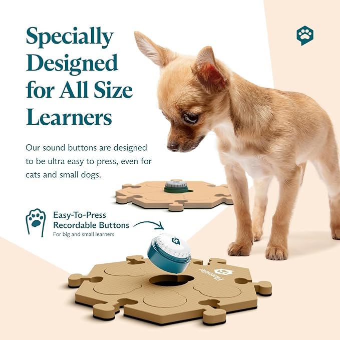 Speak Up Get Started Kit with Clearer Upward-Facing Sound - 6 Recordable Buttons for Dogs & 3 Beige HexTiles | Dog & Cat Communication Buttons Set | with Batteries