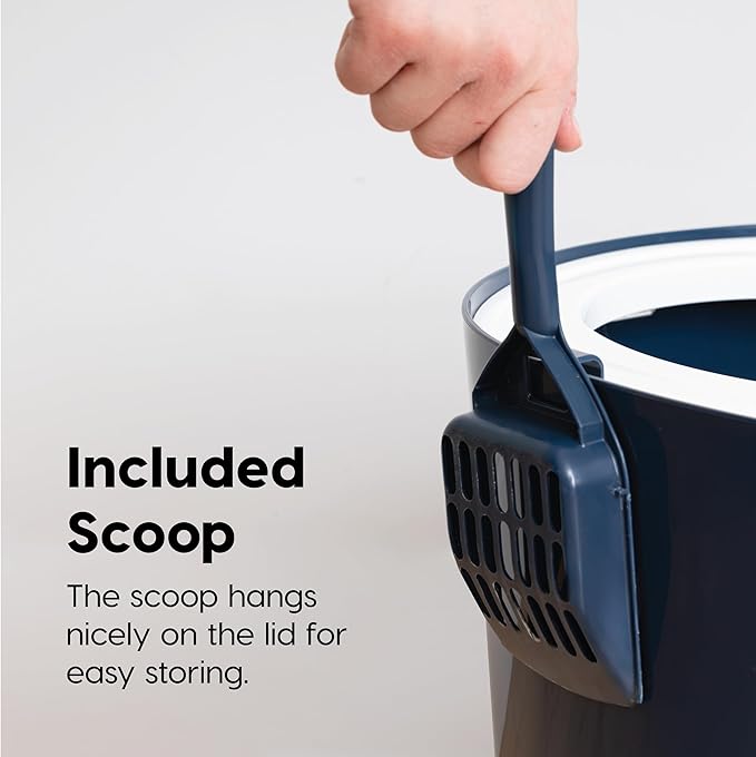 IRIS USA Cat Litter Box Large Top Entry with Lid Enclosed Covered Hooded Design Litter Catching Scatter Shield Pan Dog Proof Pet Proof Scoop Included Odor Control for Indoor Cats Kittens, Navy/White
