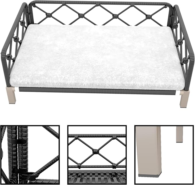 Dog Couch, 2-in-1 Dog Sofa Bed with Woven Rattan Black Wicker Frame, Indoor/Outdoor Durable Pet Sofa with Removable Plush White Cushion for Kitty, Puppy, Small Animal