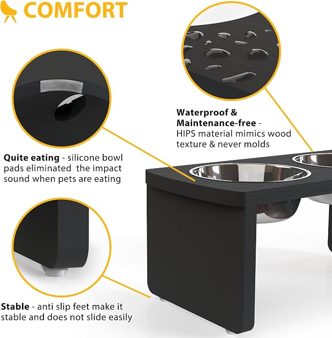Elevated Dog Bowls, Waterproof Raised Dog Bowl for Medium Dogs, HIPS Poly Lumber Stand with 2 Stainless Steel Bowls, Indoor & Outdoor Use (7'' Tall-40 oz Bowl, Black)