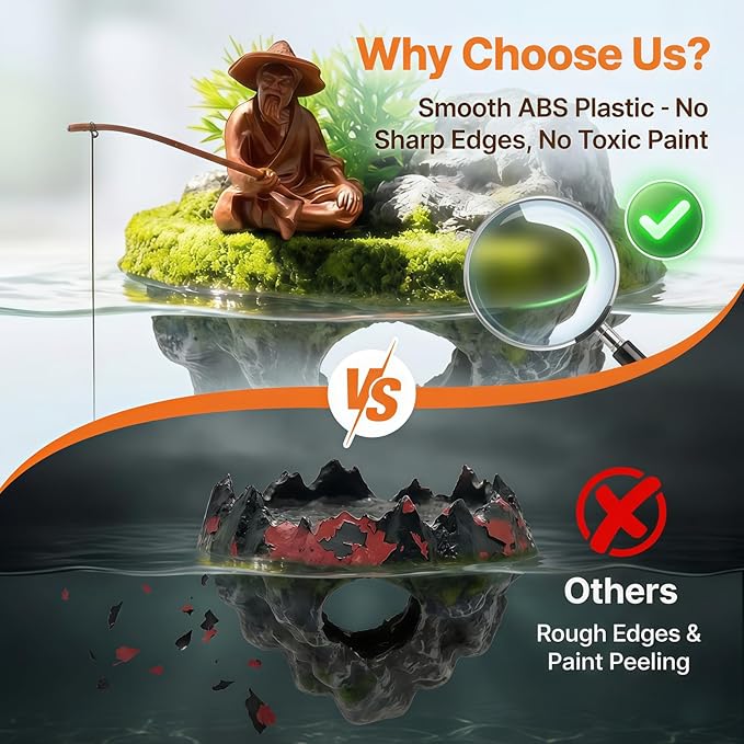 Aquarium Floating Island Decoration with Interactive Fish Feeding Hook,Fish Tank Decorations for Betta,Guppy & Shrimp,Safe ABS Material Floating Fish Tank Decorations,3D Old Man