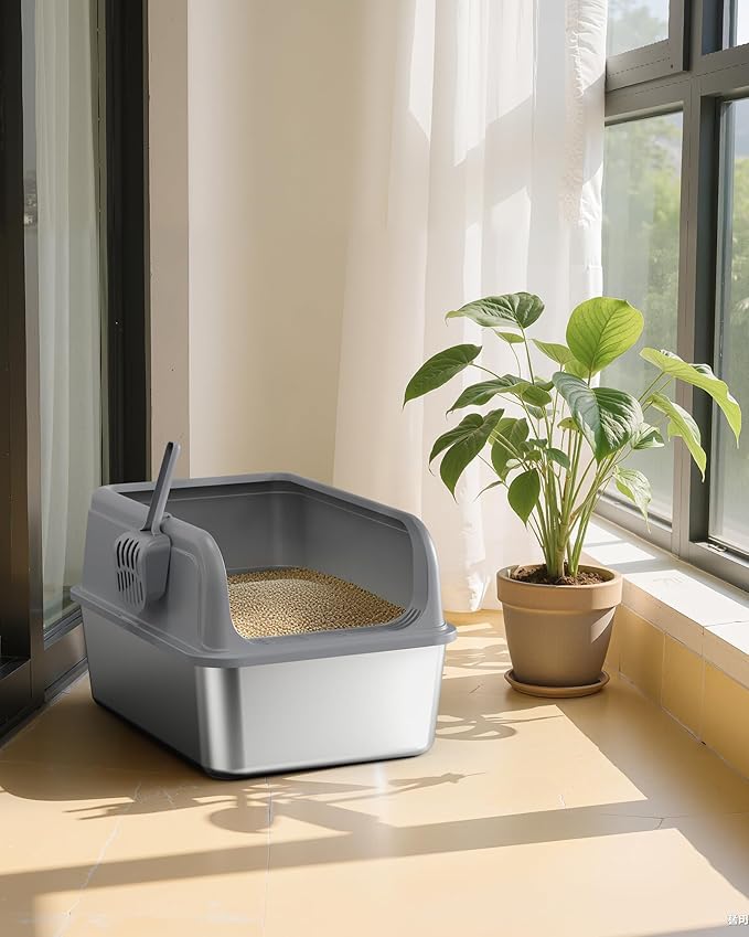 Powools Stainless Steel Cat Litter Box, Metal Litter Box with Scoop, High- Sided, Anti-Leakage Top Entry, Non-Sticky, Easy to Clean, 8-Inch Splash-Proof Deep Pan, Grey, XXL (1 Pack)