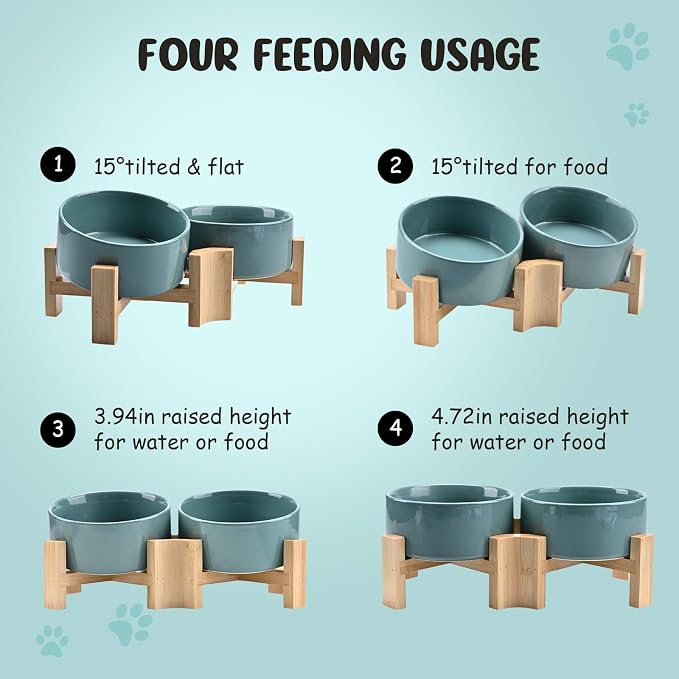 SPUNKYJUNKY 15° Slanted Ceramic Dog and Cat Bowl with Wooden Stand, Tilted Bulldog Food and Water Bowl No Slip Non-Spill for Cats Medium Dogs Big Face Pets 28.7 OZ (3.6 Cups, Light Green × 2)