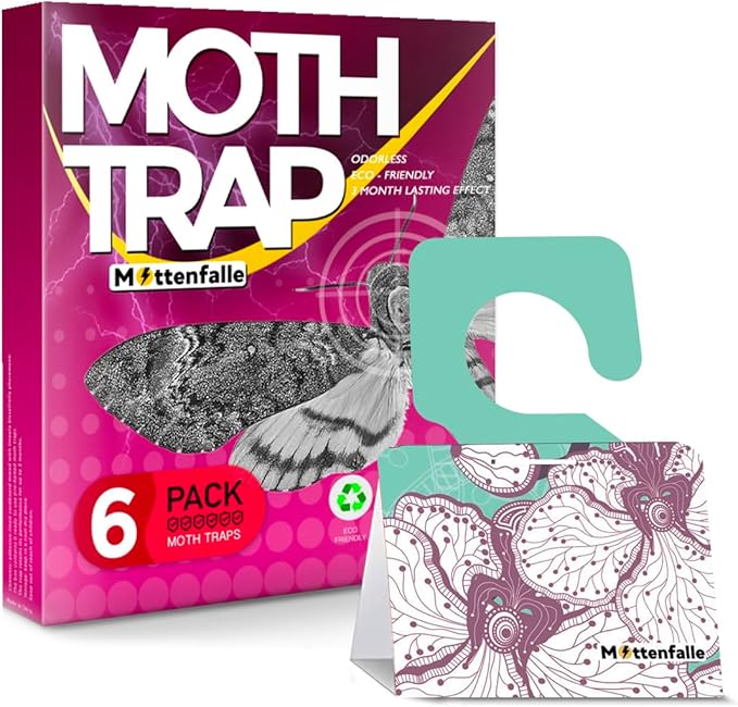 Mottenfalle Clothes Moth Traps, 6-Pack – Premium Non-Toxic Pheromone Traps for Closets, Wool Clothing, Carpets & Home Fabrics, Odorless & Eco-Friendly Protection (with Hook)