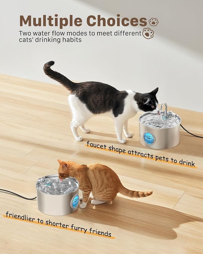 Cat Water Fountain Stainless Steel: Cat Fountain for Drinking with 6 Filters + 3 Sponges - 74oz/2.2L Pet Water Fountain for Cats Inside - Quiet Cats Water Bowl Dispenser - Kitten Drinking Fountains