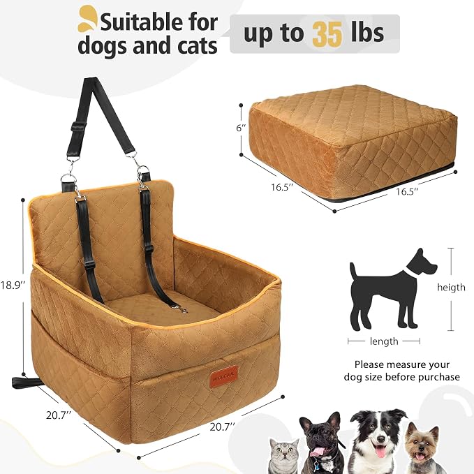 HEGGCOOE Dog Car Seat for Small Medium Dogs, Memory Foam Dog Booster Seats with Thick Cushion for Dogs Under 35lbs, Detachable Washable Pet Car Seat Travel Bed with Storage Pockets,2 Safety Belt