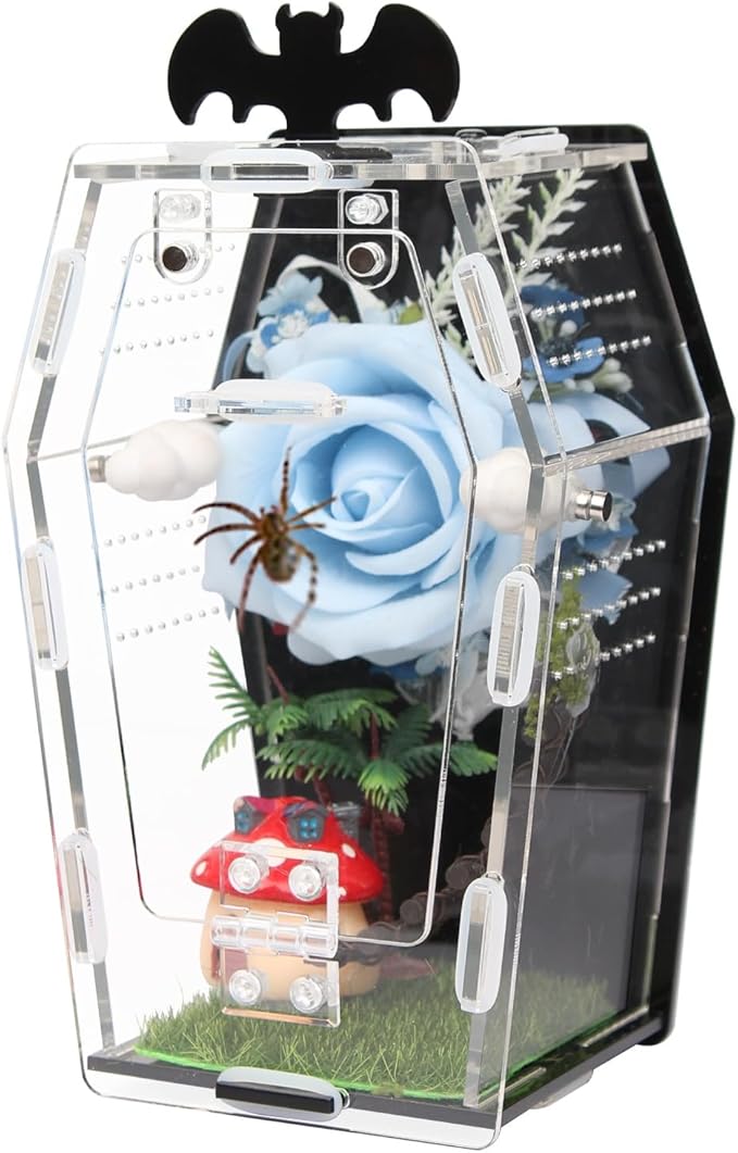 Coffin Shape Jumping Spider Enclosure, Acrylic Magnetic Terrarium with Feeding Hole, Front Opening Gothic Habitat for Tarantula Mantis Beetle