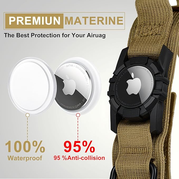Tactical AirTag Dog Collar Leash Set - Heavy Duty, Adjustable GPS Collar Compatible with Apple AirTag, with Holder & Control Handle for Medium/Large Dogs [Brown, XL]