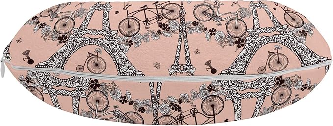 Ambesonne Eiffel Travel Pillow Neck Rest, Retro Bicycles Coffee Heart Balloons French Landmark Swirls, Memory Foam Traveling Accessory for Airplane and Car, 12", Salmon White
