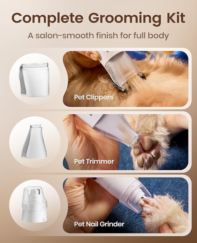 oneisall Dog Grooming Vacuum Kit with 6 Tools | Powerful 15000Pa Suction, Clippers, Trimmer & Nail Grinder ≤59dB, 2L Large Canister, Easy to Clean & Empty