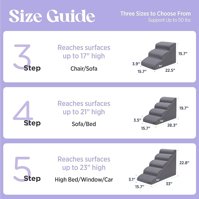 Lesure Dog Pet Stairs for High Bed, Grey, 5 Steps | Pet Steps Ramp for Small Dogs, 33D CertiPUR-US Certified Foam, Indoor and Car Use, Non-Slip Bottom, Removable Cover