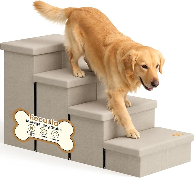 4-Step Wide Dog Stairs with Storage 23" H, Non-Slip Sturdy Pet Steps for High Bed Couch Window, Pet Stairs for Small/Medium/Large Old Dogs Cats Up to 220lbs, Cat Dog Steps for Car/SUV, Beige
