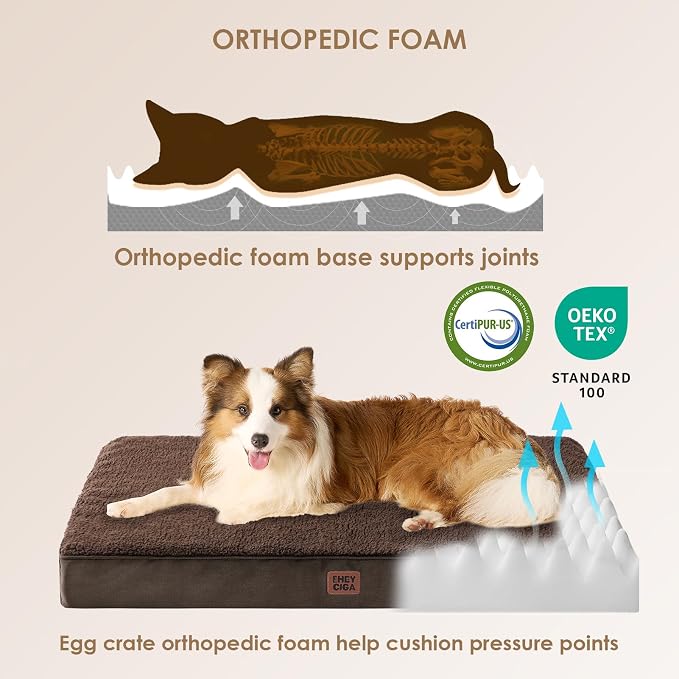 EHEYCIGA Orthopedic Dog Bed Large with Removable Washable Cover, 50IN Brown | Egg Crate Foam Support, Durable Oxford fabric, Non-Slip Bottom, Machine Washable, Soft Waterproof Plush Pet Bed Mat For Crate
