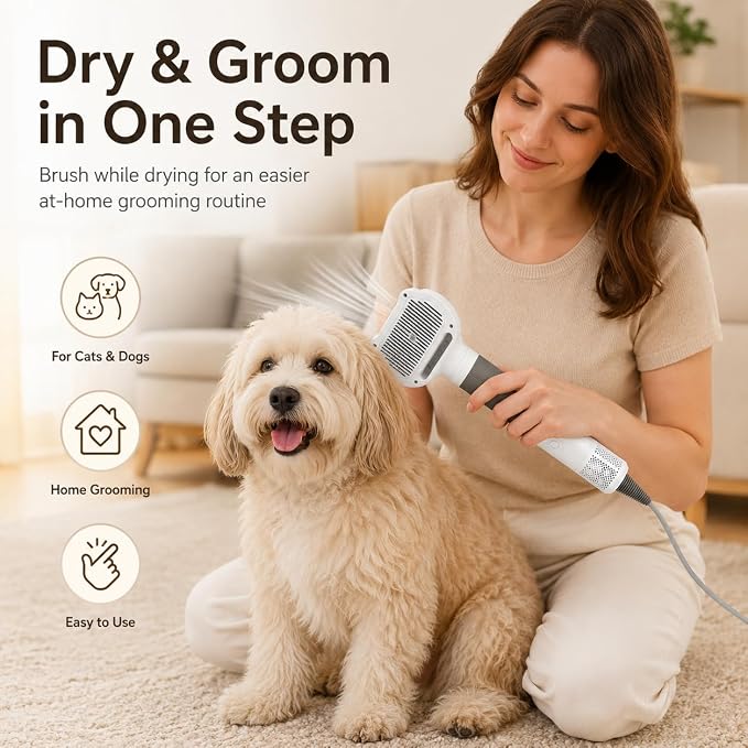 Pet Hair Dryer with Grooming Brush, Dog Blow Dryer, 3-in-1 Cat Blower, Grey | 110,000 RPM Pet Blower with One-Click Hair Removal, 3 Heat & 2 Speed Settings for Professional Home Grooming