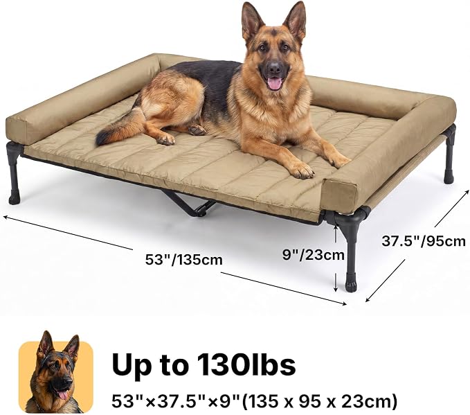 Veehoo Cooling Elevated Dog Bed Add Removable Waterproof Bolster Cushion Mat, Raised Pet Cot with Breathable Teslin Mesh, No-Slip Feet, Dog Couch Bed for Indoor Outdoor, 53 inches, Beige Coffee