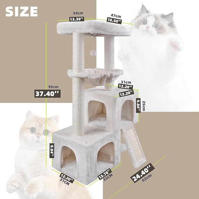 AIWIKIDE 37.4" Cat Tree Tower with Twin Cat Condos for Indoor Cats, All-in-One Activity Center with Cat Scratching Post Cozy Sleeping Perch Hammock and Toy Balls,Beige