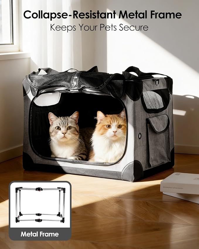 Extra Large 2-Cat Foldable Pet Travel Carrier,24"x17"x17",Gray | Removable Divider, Metal Frame Support, Breathable Mesh Panels, With Storage Tote & Padded Straps