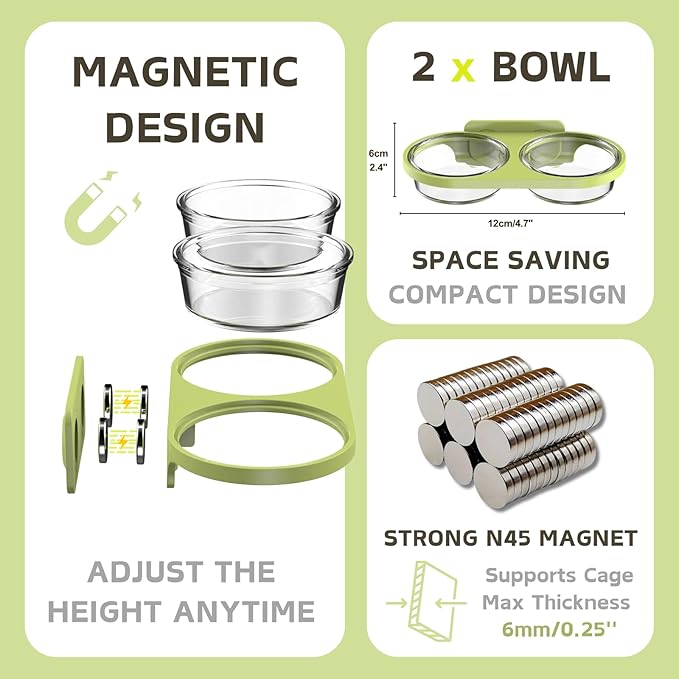 Magnetic Reptile Feeding Ledge with 2 Pack Plastic Bowls Food Feeder Water Dish for Crested Gecko Dwarf Hamster (Green, Magnetic-Mounted)