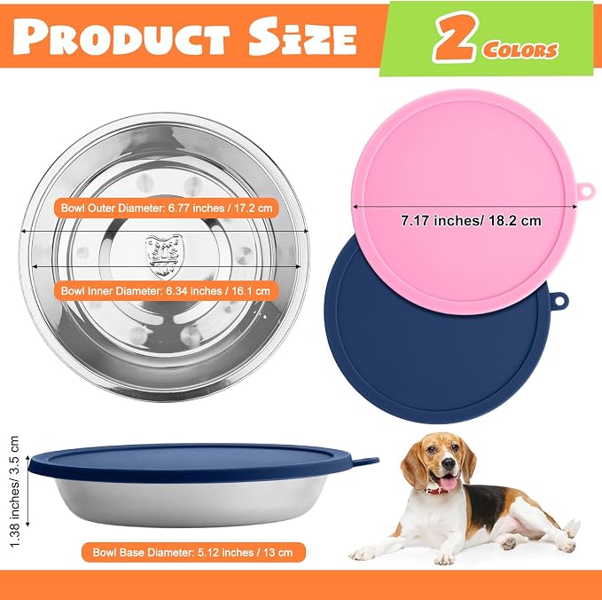 Patelai Stainless Steel Dog Bowls with Silicone Lids for 1.9 Cups Portable Food and Water Dishes for Pets Sealable Containers for 6.3" for Cats & Small Dogs(4 Pcs,Dark Blue,Pink)