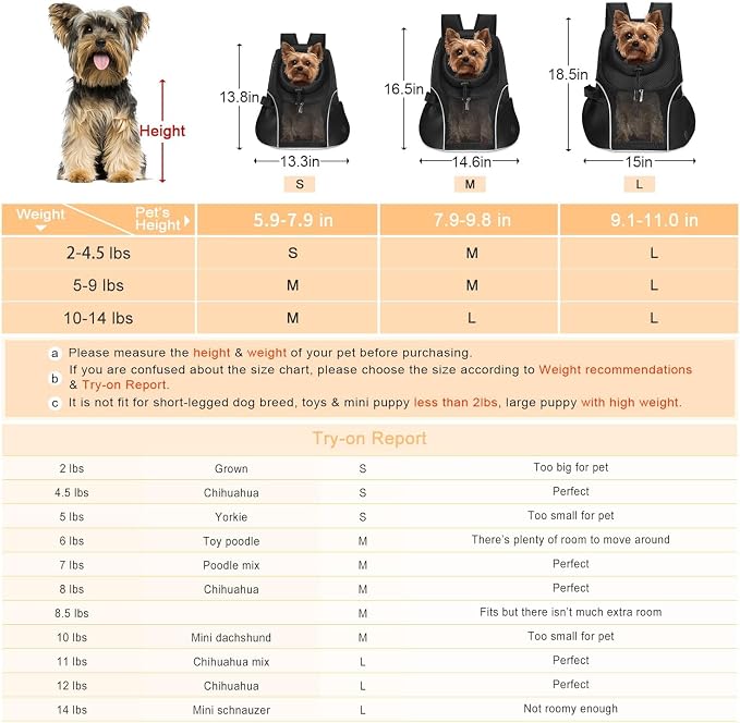 WOYYHO Pet Dog Carrier Backpack, Ventilated Mesh Small Dog Front Backpack | Breathable Puppy Back Pack, with Safety Belt, Storage Pockets, for Travel Hiking Cycling Outdoor Adventures, Black, S