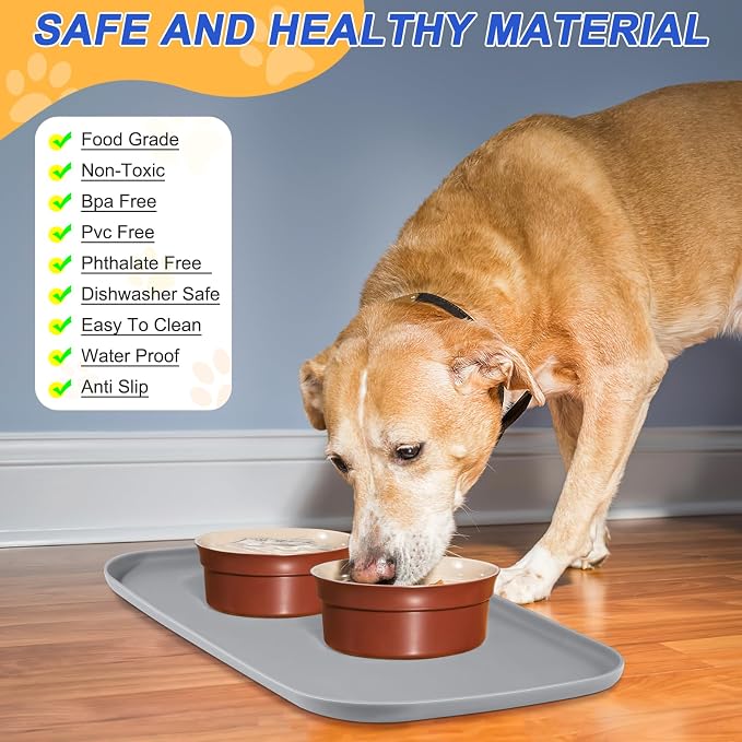 SMILOOL Waterproof Silicone Pet Food Mat with Raised Edge for Dog & Cat | 19" x 12" Non-Slip Pet Feeding Mats with Lip for Food & Water Bowl, Food Grade, Easy Cleaning, Light Gray
