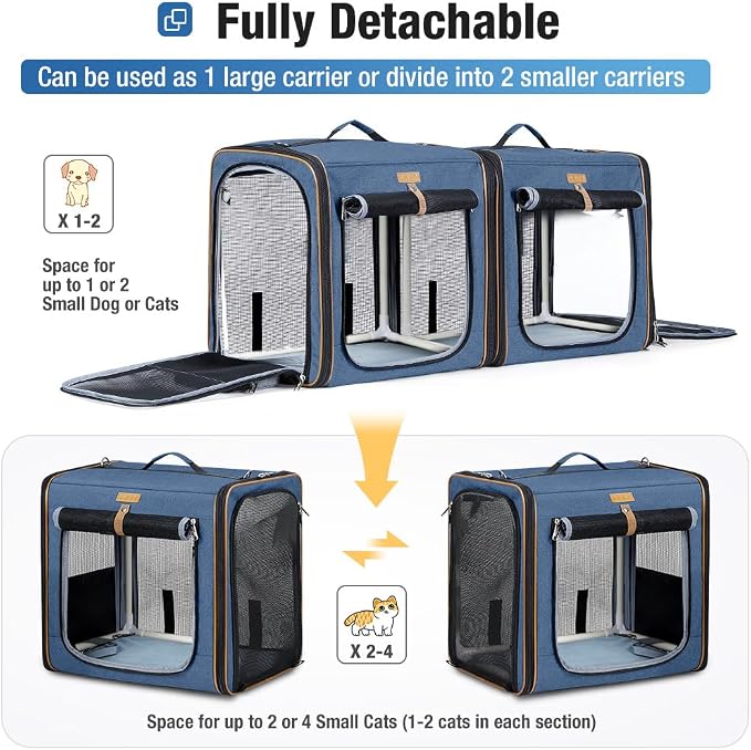 Lekereise Large Cat Carrier for 2 Cats, 2-in-1 Cat Travel Carrier with Litter Box, (17.7" x2) x16.5"x13" Pet Carrier with Zipper Locks for Moving Across The Country (No Hammock) - Blue