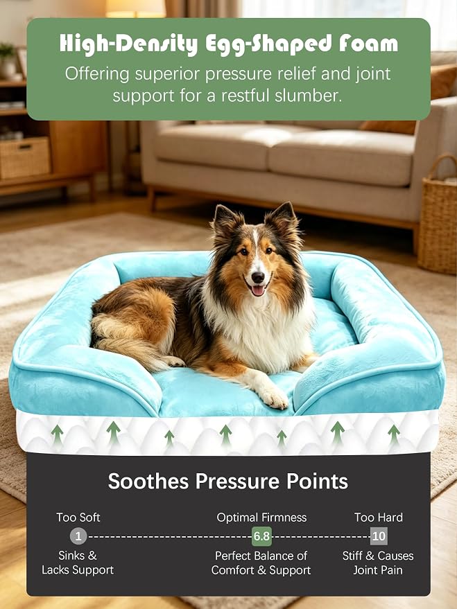 Spotted Play Orthopedic Dog Bed with Sides - Sofa Beds for Large Dogs, Supportive Foam Pet Couch Bed with Washable Removable Cover, Waterproof Lining and Non-Slip Bottom, Ice Blue - L-Plus