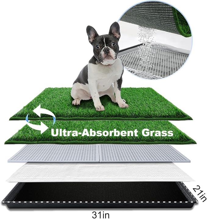 HQ4US Dog Grass Pad with Tray, Odor Free Grass Pee Pad for Dog Litter Box | Medium Dog Potty Tray with Grate, Artificial Grass Fast Drainage, Hemmed Edge, Realistic, Fake Grass for Indoor Balcony