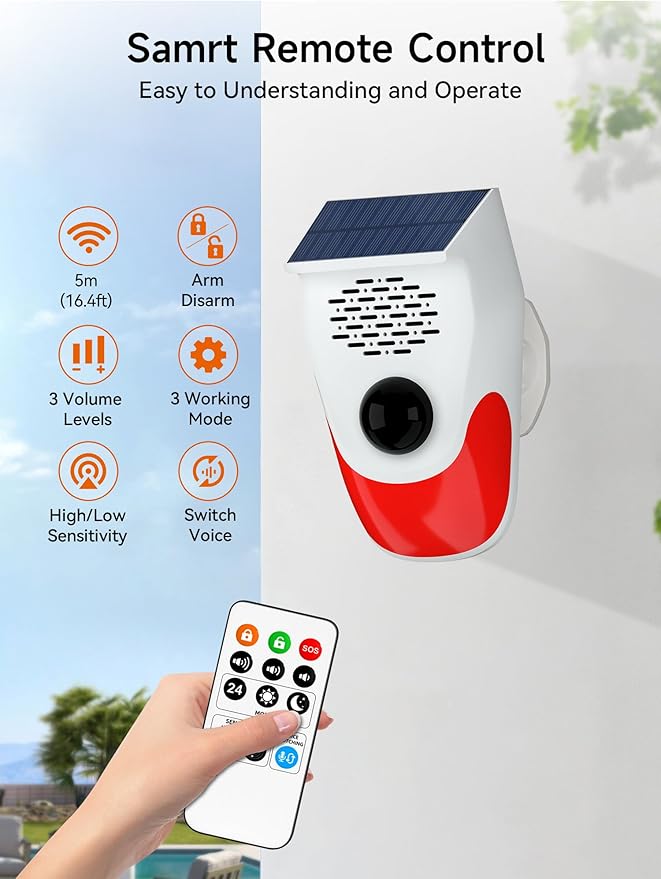 Solar Motion Sensor Alarm with Custom Voice Upload - 120dB Loud Noise Maker & Strobe Lights, Remote Control, IP65 Waterproof for Deer/Bear Deterrent, Chicken Coop Security, Pool Safety Alerts