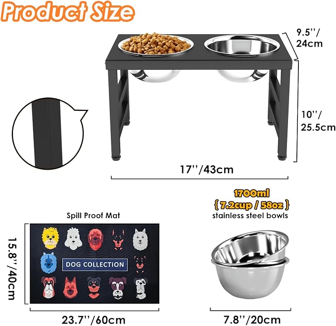 Metal Raised Dog Bowl, 10" Elevate Dog Feeder Stand, 2 Bowls & Non-Slip Mat