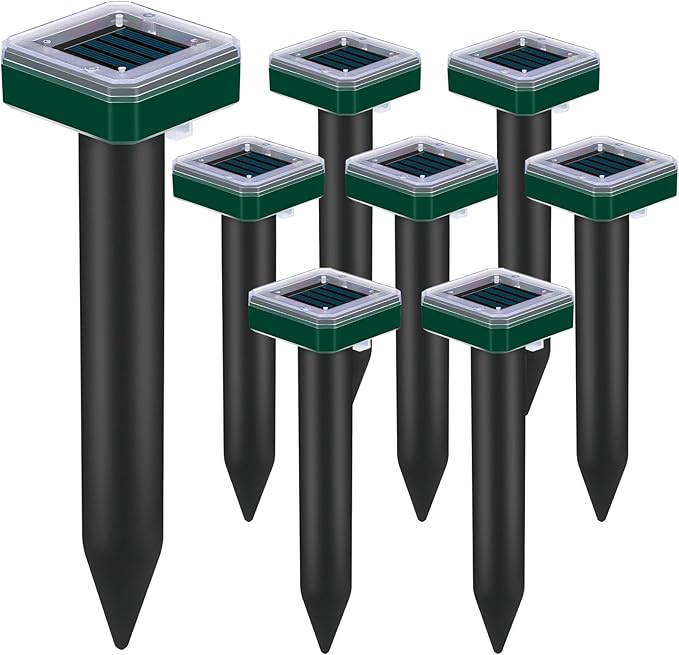 8 Pack Mole Repellent Solar Powered for Lawns Snake Repellent for Yard Gopher Trap Groundhog Vole Repellent Ultrasonic Spike Outdoor Waterproof Sonic Chipmunk Rodent Burrowing Animals Deterrent Stake