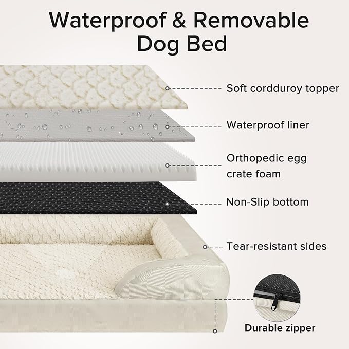 Orthopedic Large Dog Bed, Washable Waterproof, Egg-Crate Foam Dog Couch Bed with Washable Removable Cover, Waterproof Lining and Nonskid Bottom