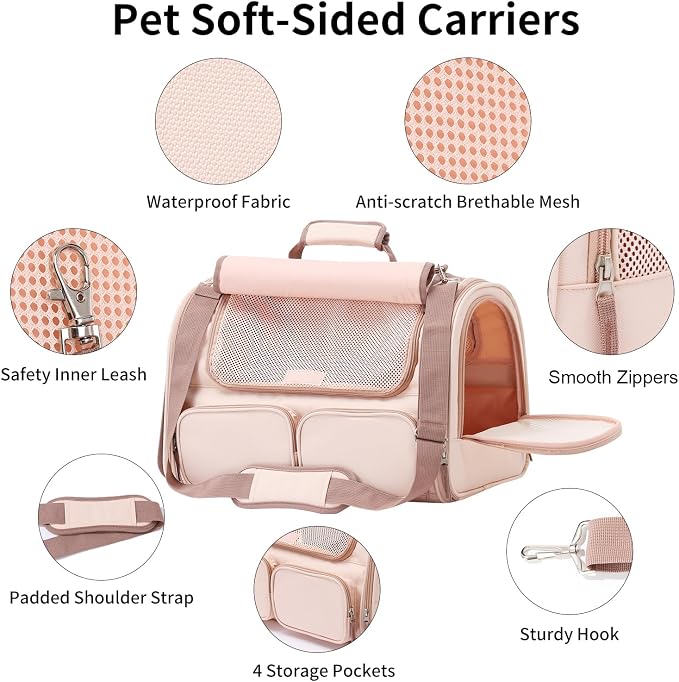 FUKUMARU Cat Carrier, Airline Approved Dog Carrier with Rollable Cover | Breathable Soft Cat Carrier, Multiple Doors & 4 Storage Pockets Cat Travel Bag, Durable Pet Carrier for Cat Under 15 lb, Pink