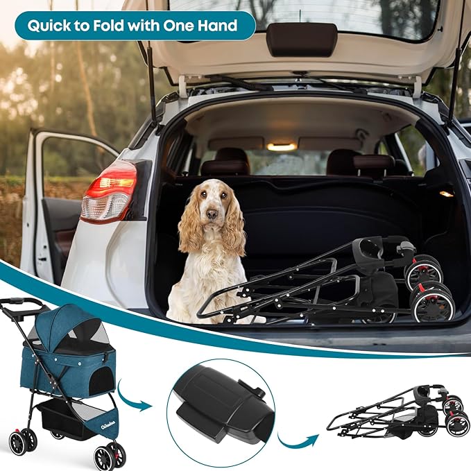 Pet Stroller,Dog Stroller for Small Medium Dogs Cats,3 Wheels,Green | Foldable,with Breathable Mesh Canopy,Cup Holders,Easy Assembly
