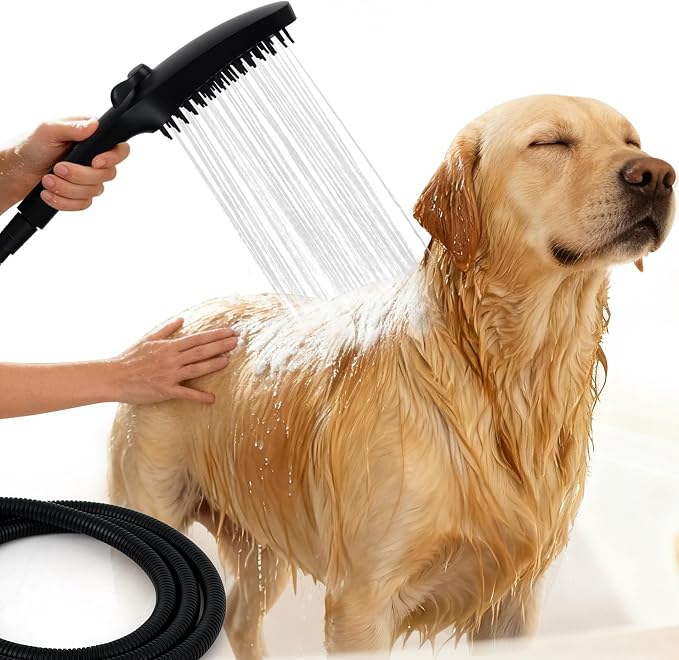 G-Promise 3 Mode Dog Shower Attachment with Pause Mode | High Pressure, Built-In Brush for Wash & Groom, Extra Long Hose, Easy Install, for Indoor & Outdoor Use