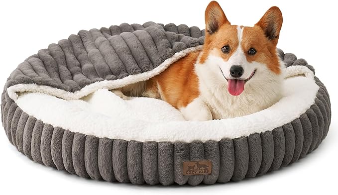 Dog Bed with Hooded Blanket, Round Fluffy Anti-Anxiety Pet Bed for Small Dogs & Medium Dogs, Cozy Donut Cuddler with Machine Washable Faux Fur & Anti-Slip Bottom(26"×26"×7",Grey)