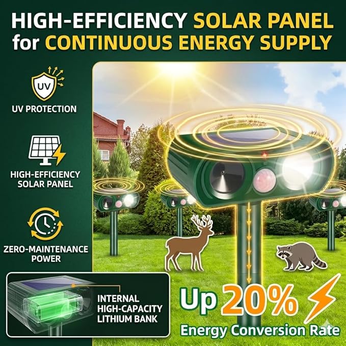 2Pack Upgraded Sonic Fortress Pro Deer Repellent Solar Animal Repellent Ultrasonic Outdoor with Motion Sensor Strobe Light for Squirrel Raccoon Rabbit Cat Skunk Deterrent Keep Pests Out of Yard Farm