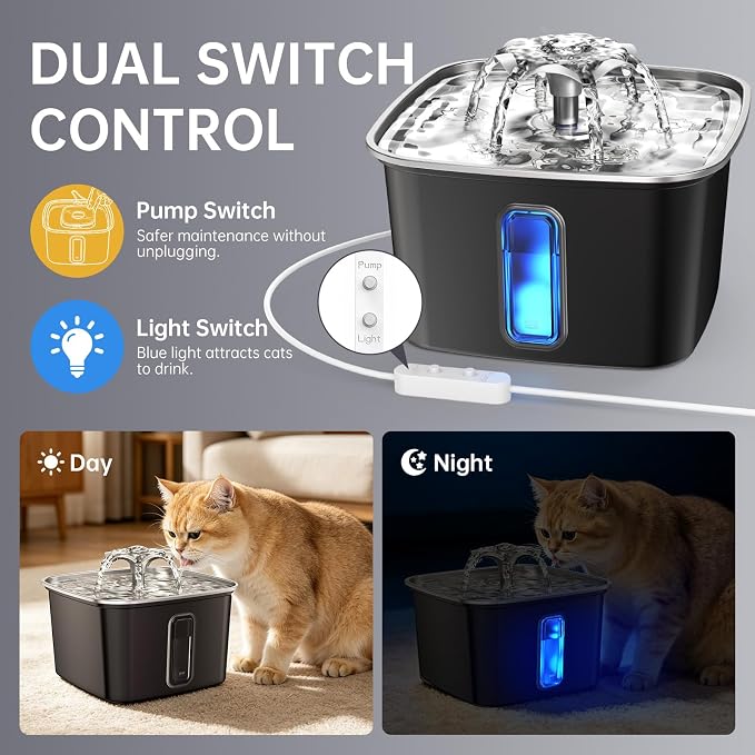 Veken Innovation Award Winner Stainless Steel Cat Water Fountain, 108oz | Automatic Pet Fountain Dog Water Dispenser with Replacement Filters & Silicone Mat for Cats, Dogs (Space Black)