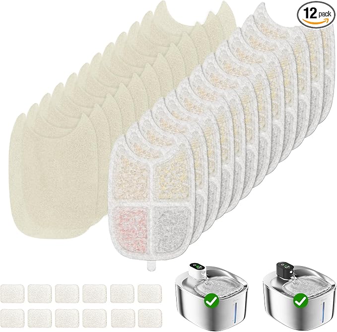 Cat Water Fountain Filter,12 Pack FS10PRO Cat Fountain Filter Replacement, 12 PCS Filters & 12 PCS Sponge Set for Stainless Steel Cat Dispenser,6 Layer Filters for Pet Fountain