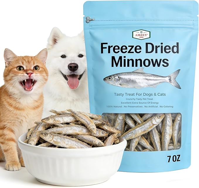 Amzey 7oz Minnows Dog Treats - Freeze Dried Minnows Cat Treats - High Protein & Premium Quality Training Treats - Bulk Package (1.6" to 2.8" Length Each)