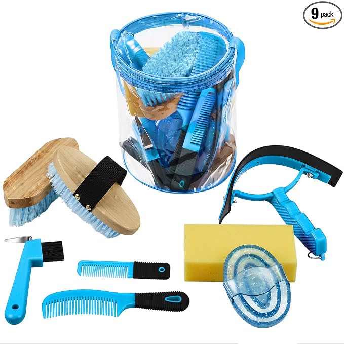 Cunhill 9 Pcs Horse Grooming Kit with Bag Curry Brushes,Cute,Blue | Complete Grooming Set for Horses, Hard Soft Brushes, Hoof Pick, Sweat Scraper, Sponge, Comb, Portable Tote for Stable