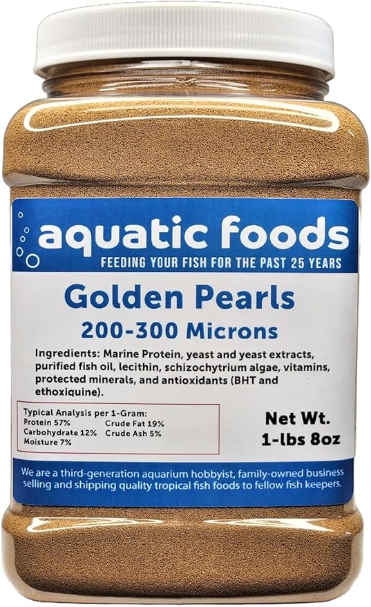 Aquatic Foods Inc. Golden Pearls 200-300 Micron Size for Fry, Babies of Shrimp, Axolotls, Discus, Cichlids, Catfish, Tetras, Angel Fish, Guppies, Bettas, Goldfish, Corals, Reefs…1-lb 8oz Med Jar