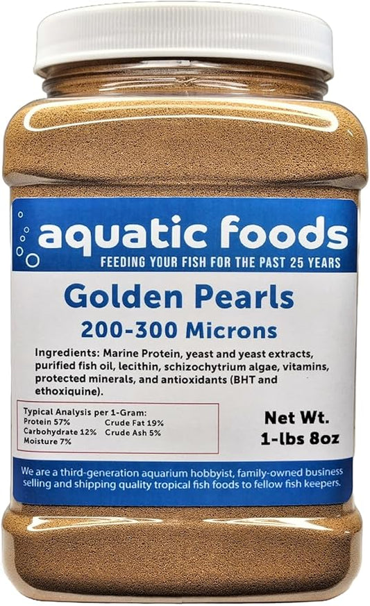 Aquatic Foods Inc. Golden Pearls 200-300 Micron Size for Fry, Babies of Shrimp, Axolotls, Discus, Cichlids, Catfish, Tetras, Angel Fish, Guppies, Bettas, Goldfish, Corals, Reefs…1-lb 8oz Med Jar