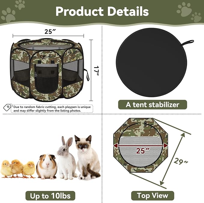 Siedihit Playpen for Small Dog Cat, Dogs Tent Crate Cage Indoor | Outdoor, Portable Pop Up Dog Kennel with Carrying Bag for Rabbits (Green Camo, Small)