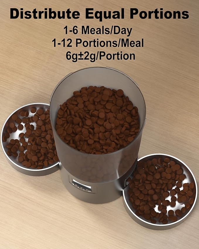 Automatic Cat Feeder 2 Cats, 4.2L Dry Food Auto Dispenser with Double Bowls,Dual Power Supply,Programmable Portion Control,10s Voice Recorder(Black,Stainless Steel Bowls) (Transparent+Black)