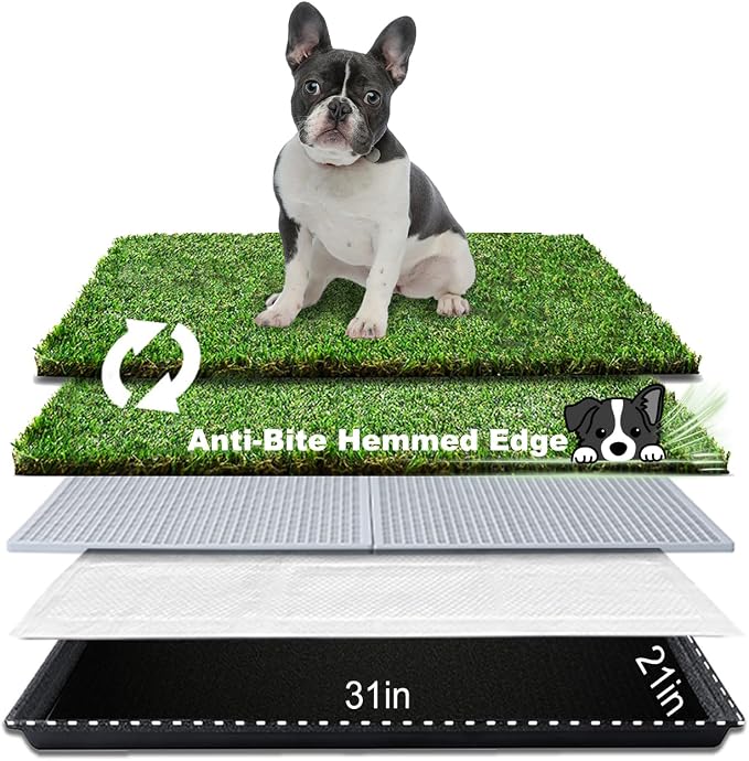 HQ4US 4LEGS Dog Grass Pad with Tray, Dog Litter Box with Artificial Grass | Medium Grass Pee Pads for Indoor Dogs Potty Tray with Grate, Turf Grass Hemmed Edge, Realistic, Less Stink Toilet for Balcony