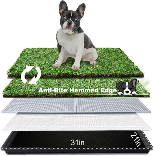 HQ4US 4LEGS Dog Grass Pad with Tray, Dog Litter Box with Artificial Grass | Medium Grass Pee Pads for Indoor Dogs Potty Tray with Grate, Turf Grass Hemmed Edge, Realistic, Less Stink Toilet for Balcony