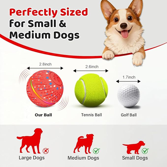 Smart Moving Bouncing Interactive Dog Toys Ball for Small Medium Dogs | Smart motion bouncing dog ball made of durable E-TPU material with RGB lights & 3 play modes for small & medium dogs.